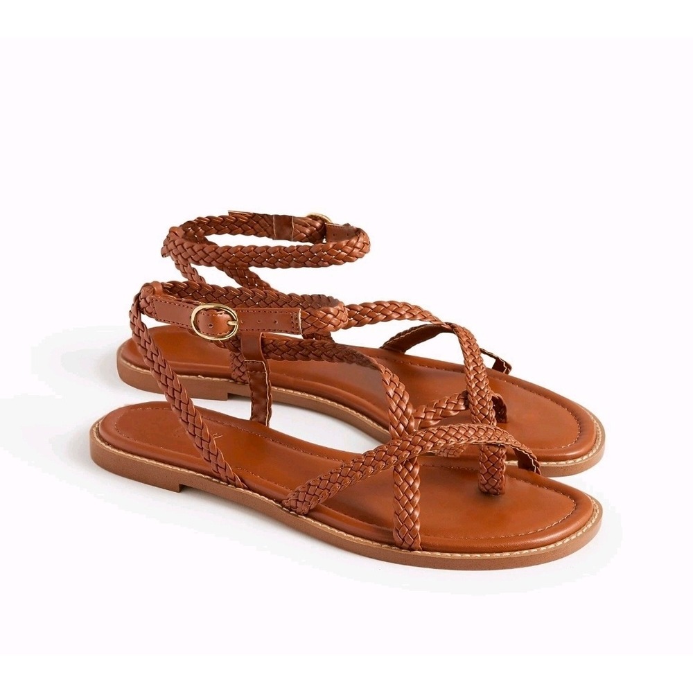 J.Crew Womens Braided Strappy Ankle Wrap‎ Flat Sandals Cognac Brown Size 8.5